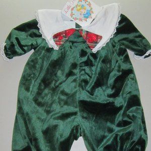 Vintage NWT! Little Precious Baby Girl Green Velvet Christmas Romper 0/6 months